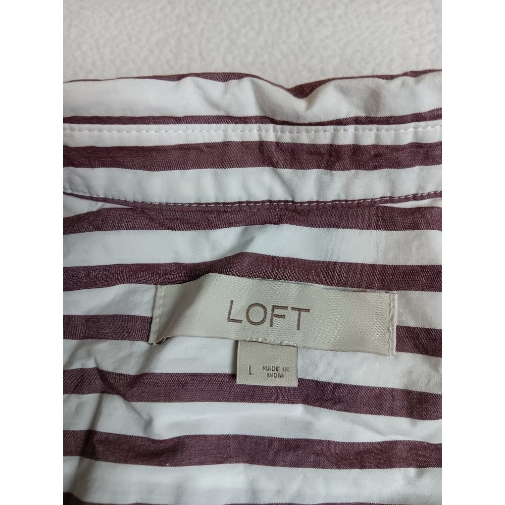 LOFT Womens L Striped Button Down Shirt 100% Cotton Long Sleeve Maroon White - Picture 4 of 5